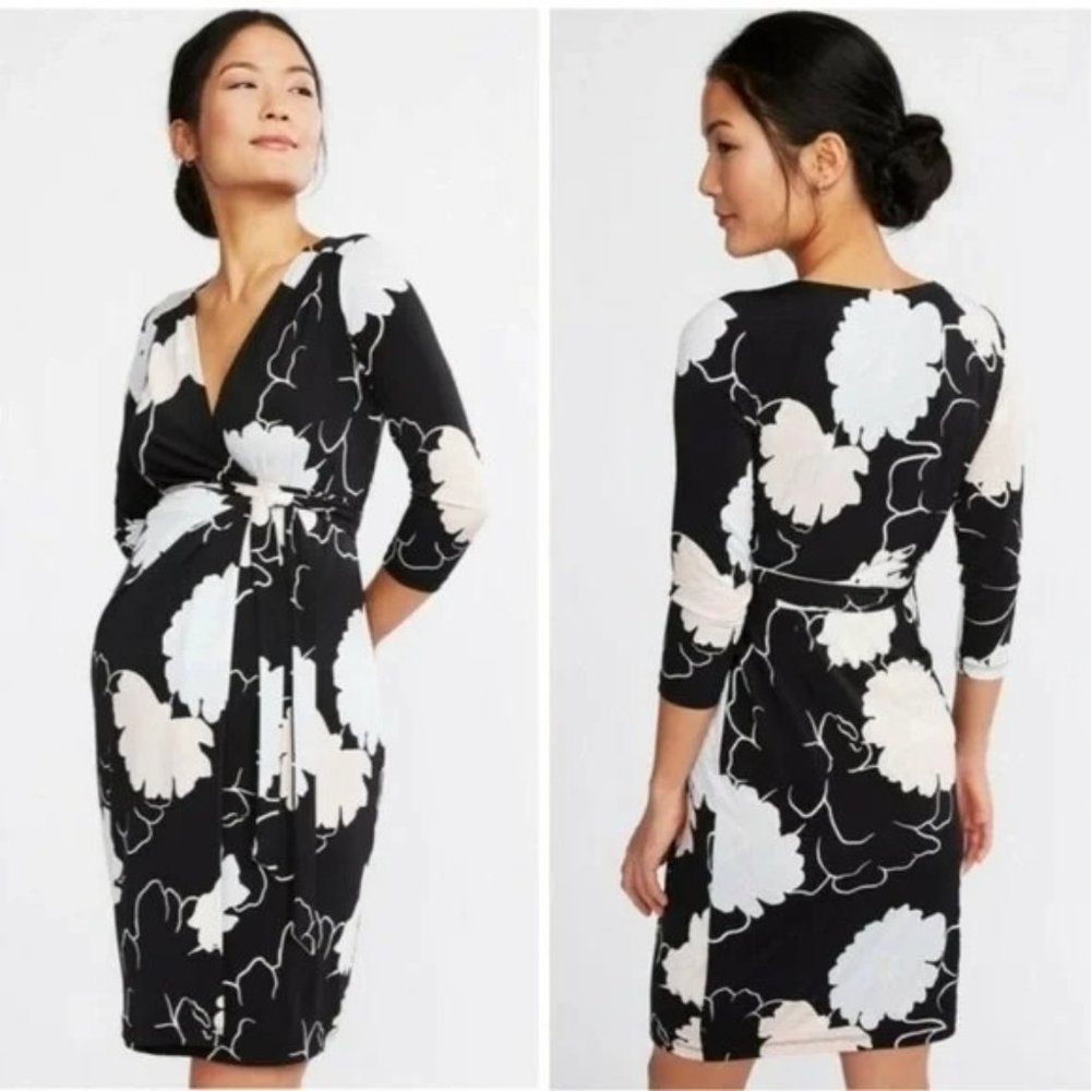 A Pea in the Pod Black Floral 3/4 Sleeve Midi Wrap Dress Size S